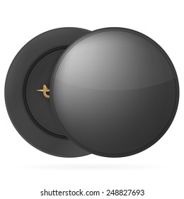 Black circle badge with golden pin front and back side. Isolated mock-up vector illustration on white background.