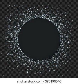 Black circle banner on shining silver confetti background. Vector illustration, eps 10.