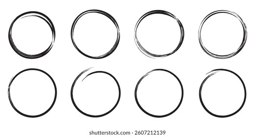 Black circle brush design vector illustration. Brush circles or ellipses. Vector grunge circle strokes on white background.