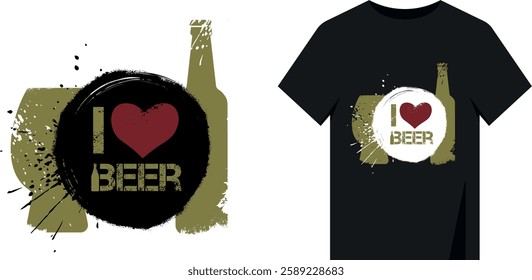 Black circle brush, splashes, abrasions, design for print on t-shirt. Vector graphics bottle of alcohol, inscription