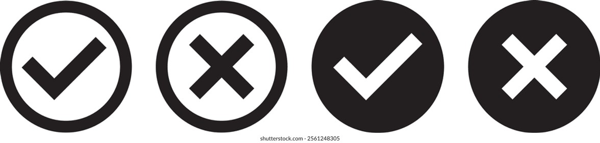 black circle check mark and black circle cross mark. flat icon design. Vector illustration
