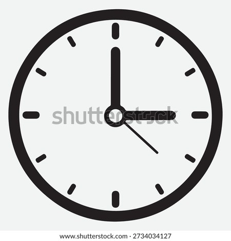 Black circle clock icon with minute and hour hands, time symbol with classic face and small dashes in solid color