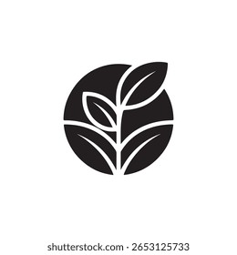 Círculo preto contendo design de broto de folha simples isolado em fundo branco perfeito para marcas, logotipos, ícones e várias aplicações de design que exigem imagens orgânicas.