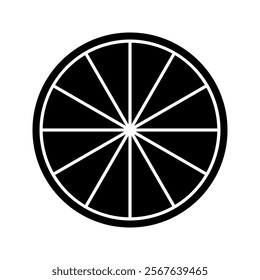 Black circle divided into 12 equal sectors isolated on white background. Round shapes cut in twelve slices. Simple circular diagram, statistic wheel, business pie or pizza chart. Vector illustration.