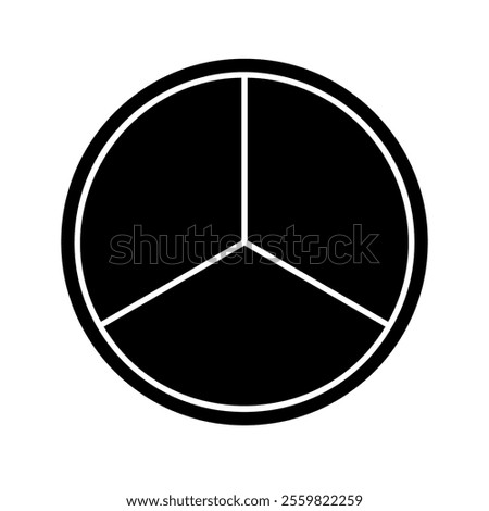 Black circle divided into 3 segments isolated on white background. Round shape cut in three equal parts. Simple circular diagram, statistic wheel, business pie chart. Vector illustration.