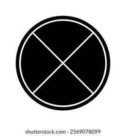 Black circle divided into 4 sectors isolated on white background. Round shape cut in four equal slices. Simple circular diagram, statistic wheel, business pie chart. Vector graphic illustration.