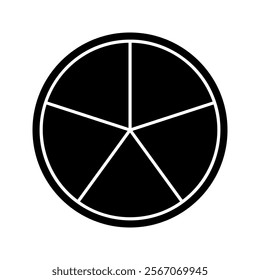 Black circle divided into 5 fractions isolated on white background. Round shape cut in five equal parts. Simple circular diagram, statistic wheel, pie or donut chart. Vector illustration.