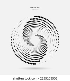 A black circle of dotted semitones with a shadow on a light background. A design element. The effect of a rotating, disappearing gradient. Vector illustration.