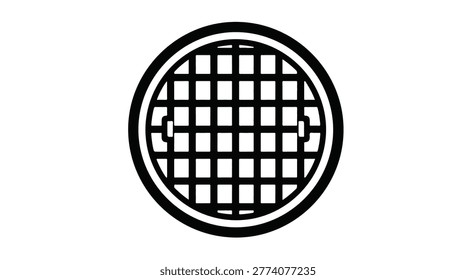 Black circle drainage grate manhole cover vector illustration icon.