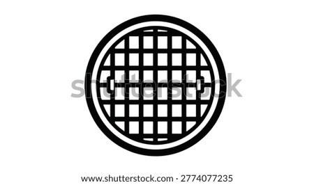 Black circle drainage grate manhole cover vector illustration icon.