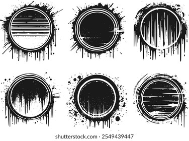 Conjunto de goteo de círculo negro, goteo de patrón grunge, goteo de pintura negra, colección de textura de horror, paquete redondo de tinta, goteo de tinta, conjunto de manchas de tinta, conjunto de salpicaduras de pintura negra, marco de círculo retro grunge