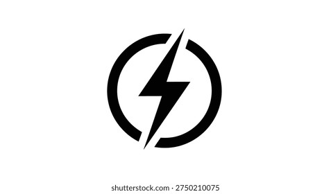 A black circle encompassing a lightning bolt minimalistic silhouette