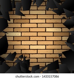 Black circle with explosion effect on brick wall background. Vector illustration for banner, backdrop, invitation, poster, web template. 