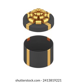 Black circle fashion empty gift box with luxury golden bow ribbon 3d icon realistic vector illustration. Premium package for male brutal present festive surprise storage holiday celebration isolated