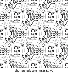 Black circle fidget spinner and keep calm and fidget on text. Vector hand drawn fashion illustration on white background in watercolor style. Seamless pattern.