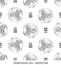 Black circle fidget spinner and keep calm and fidget on text. Vector hand drawn fashion illustration on white background in watercolor style. Seamless pattern.