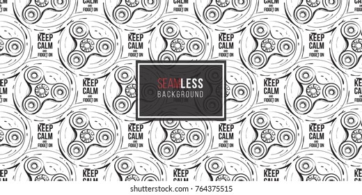 Black circle fidget spinner and keep calm and fidget on text. Vector hand drawn fashion illustration on white background in watercolor style. Seamless pattern.