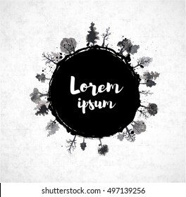 Black circle and forest trees growing from it on rice paper background