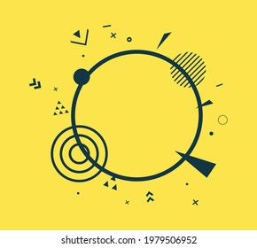 Black circle frame in flat style. Memphis art banner with abstract geometric shapes. Outline sticker with place for promotion text, price tag, sale ad. Vector card isolated on yellow background.