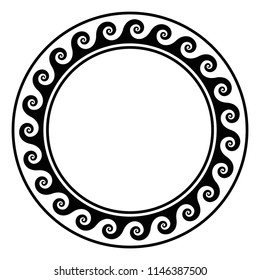 Black Circle Frame With Running Wave Pattern. Seamless Spiral Meander Design. Waves Shaped Into Repeated Motif. Scroll Pattern. Decorative Border. Also Called Vitruvian Wave Or Vitruvian Scroll. Vector