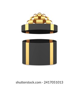 Black circle gift box open present package with luxury golden bow ribbon 3d icon realistic vector