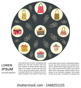 Black circle with gifts, boxes on white background with text. Vector.