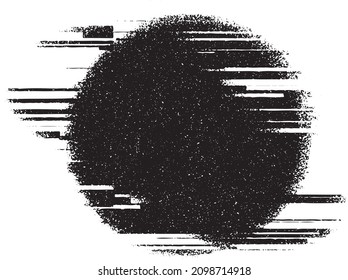 Black circle with glitch effect, pattern. Round shape, pixel noise texture, distortion. Use for overlay, brushes, shading or montage. Isolated, transparent background. Abstract vector illustration.