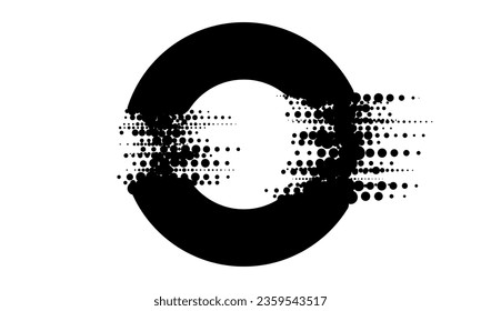 Black circle with glitch halftone effect over white background.