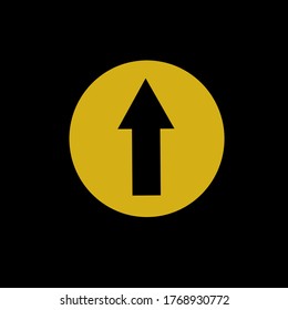 Black circle with gold metallic arrow vector illustration button icon pointed upwards.	