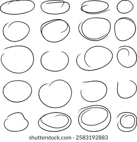 Black circle highlight, pen ovals doodle. Hand drawn black bruch sketch set. Collection of different brush drawn black circles. Vector illustration isolated on transparent background