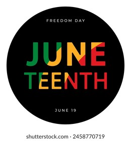 Icono de círculo negro con texto de color "Juneteenth" aislado en un fondo transparente. Diseño plano. Celebración de Juneteenth, día de la libertad. Ideal para el diseño de camiseta o placa. Ilustración vectorial.