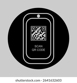 Black circle icon of QR code on smartphone for digital scanning.