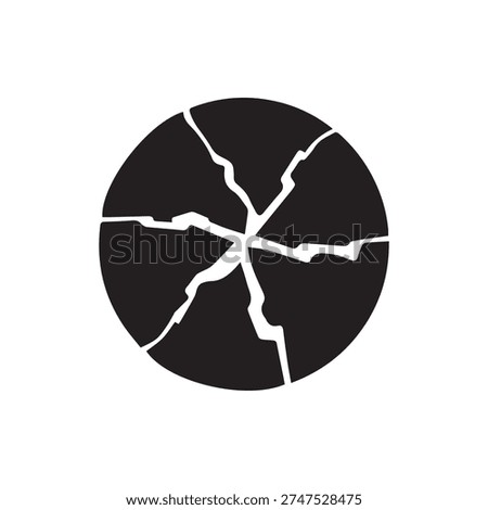 A black circle icon with white cracks spreading from the center, symbolizing fracture, brokenness, or destruction. A minimalist graphic vector illustration.