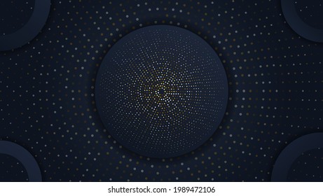 Fondo de capa de círculo negro con brillantes dorados. Ilustración de fondo de vectores papel de medio tono oscuro de oro.