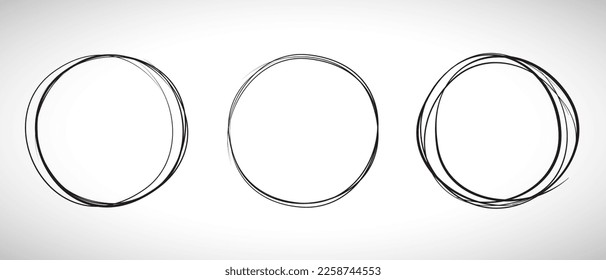 Black circle line hand drawn set. Highlight hand drawing circle isolated on background. Round handwritten circle. For marking text, note, mark icon, number, marker pen, pencil and text check, vector