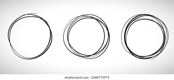 Conjunto dibujado a mano en la línea circular negra. Resaltar el círculo de dibujo a mano aislado en el fondo. Círculo redondo escrito a mano. Para marcar texto, nota, icono de marca, número, lápiz de marcadores, revisión de lápiz y texto, vector