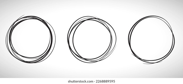 Black circle line hand drawn set. Highlight hand drawing circle isolated on background. Round handwritten circle. For marking text, note, mark icon, number, marker pen, pencil and text check, vector