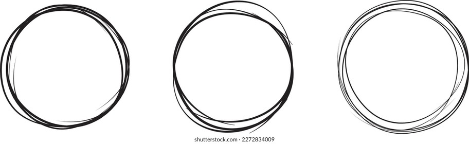 Black circle line hand drawn set. Highlight hand drawing circle isolated on background. Round handwritten circle. For marking text, note, mark icon, number, marker pen, pencil and text check, vector