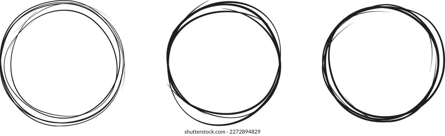 Conjunto dibujado a mano en la línea circular negra. Resaltar el círculo de dibujo a mano aislado en el fondo. Círculo redondo escrito a mano. Para marcar texto, nota, icono de marca, número, lápiz de marcadores, revisión de lápiz y texto, vector