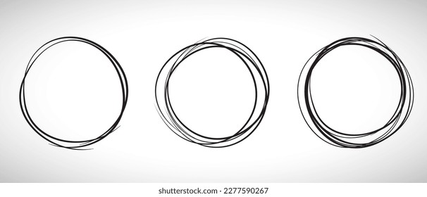 Black circle line hand drawn set. Highlight hand drawing circle isolated on background. Round handwritten circle. For marking text, note, mark icon, number, marker pen, pencil and text check, vector