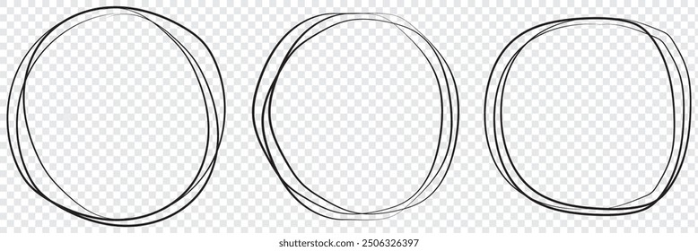 Black circle line hand drawn set. Highlight hand drawing circle isolated on background.  For marking text, note, mark icon, number, marker pen, pencil and text check, vector. Round handwritten circle.