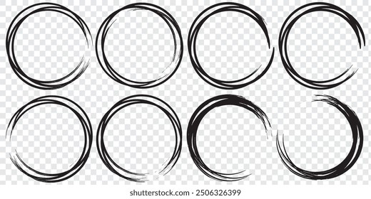 Black circle line hand drawn set. Highlight hand drawing circle isolated on background.  For marking text, note, mark icon, number, marker pen, pencil and text check, vector. Round handwritten circle.