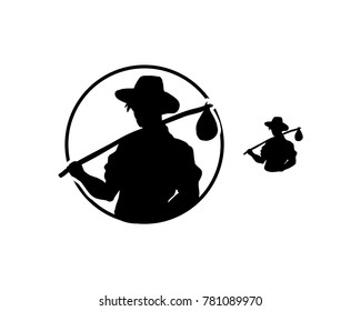 Black Circle a Man with Peasant Hat and Stock of Stick like a Nomad Illustration Symbol Logo Vector