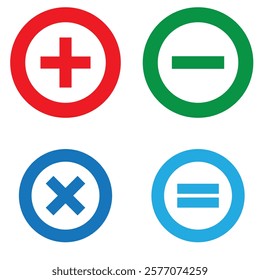 Black circle math icons set. Plus, minus, multiplication, equal icons.