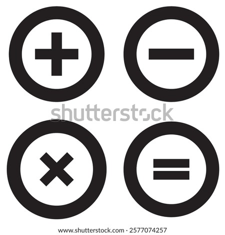 Black circle math icons set. Plus, minus, multiplication, equal icons.