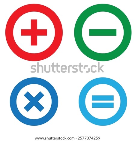 Black circle math icons set. Plus, minus, multiplication, equal icons.