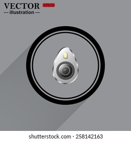 Black circle on a gray background with shadow. icon smartphone camera and flash, vector illustration, EPS 10