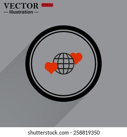 Black circle on a gray background with shadow.  Icon planet and two red hearts. Symbol of love between the nation. Globe.  vector illustration, EPS 10 