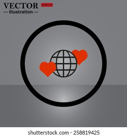 Black circle on a gray background.  Icon planet and two red hearts. Symbol of love between the nation. Globe.  vector illustration, EPS 10 