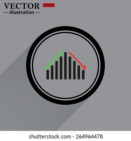 Black circle on a gray background with shadow.  Icon chart with arrows, vector illustration, EPS 10